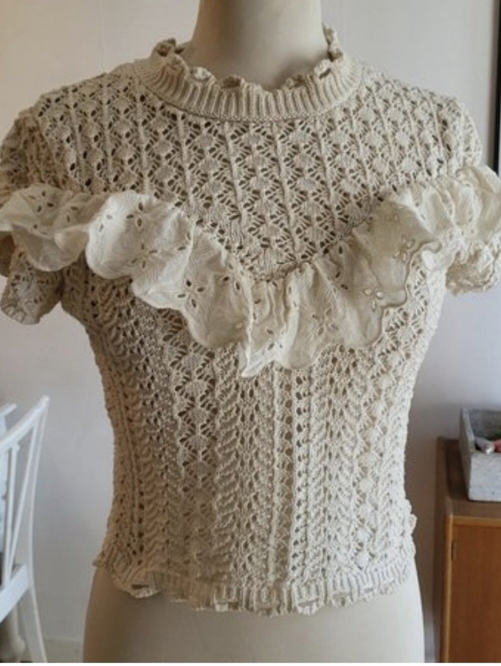 Zara Cream Crochet Ruffle Lace Cotton Top